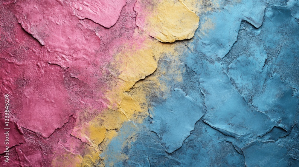 Poster Vibrant textured background in pink yellow and blue with soft shadows and ample copyspace for creative text placement
