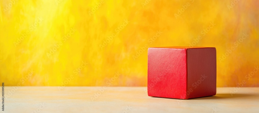 Poster Minimalist Red Cube on Table against Vibrant Yellow Background with Copy Space for Text and Creative Design Inspiration