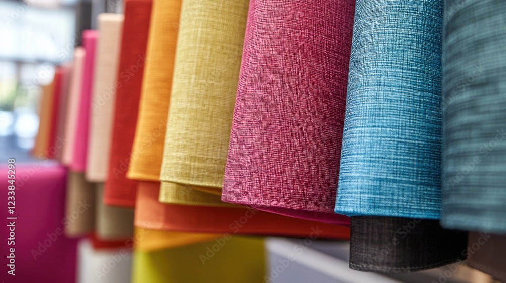 Poster colorful fabric rolls displayed in a modern boutique setting with ample copyspace for text and desig