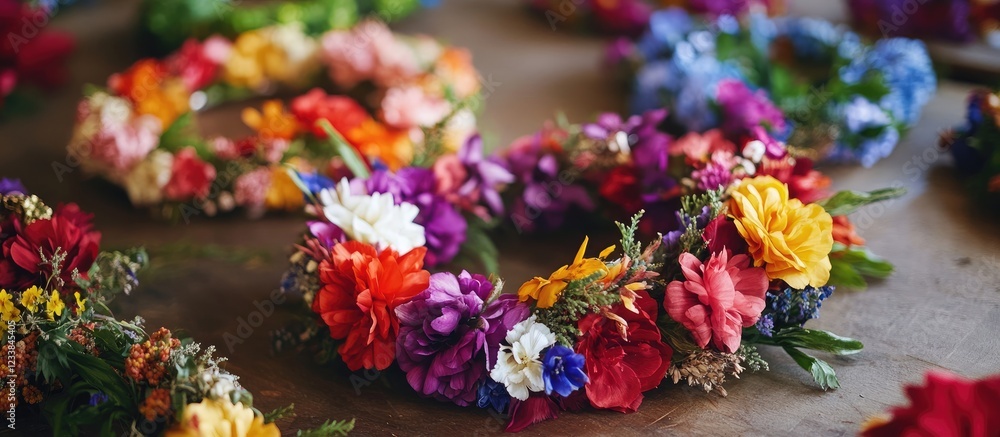 Aufkleber Colorful Flower Wreaths Crafted in Bohemian Style Workshop with Abundant Floral Details and Empty Copyspace for Custom Text