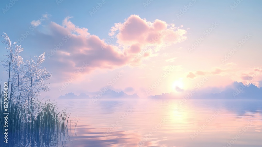 Poster Serene sunset landscape with calm waters and soft clouds providing ample space for text overlay and creative content