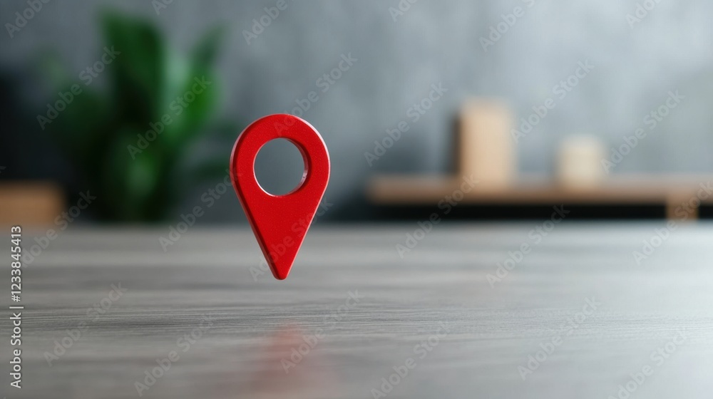 Poster red location marker on wooden table with blurred background in modern interior design setting