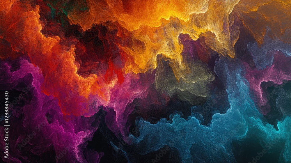 Poster Abstract colorful smoke patterns in vibrant hues with ample negative space for text or branding in a digital design background.