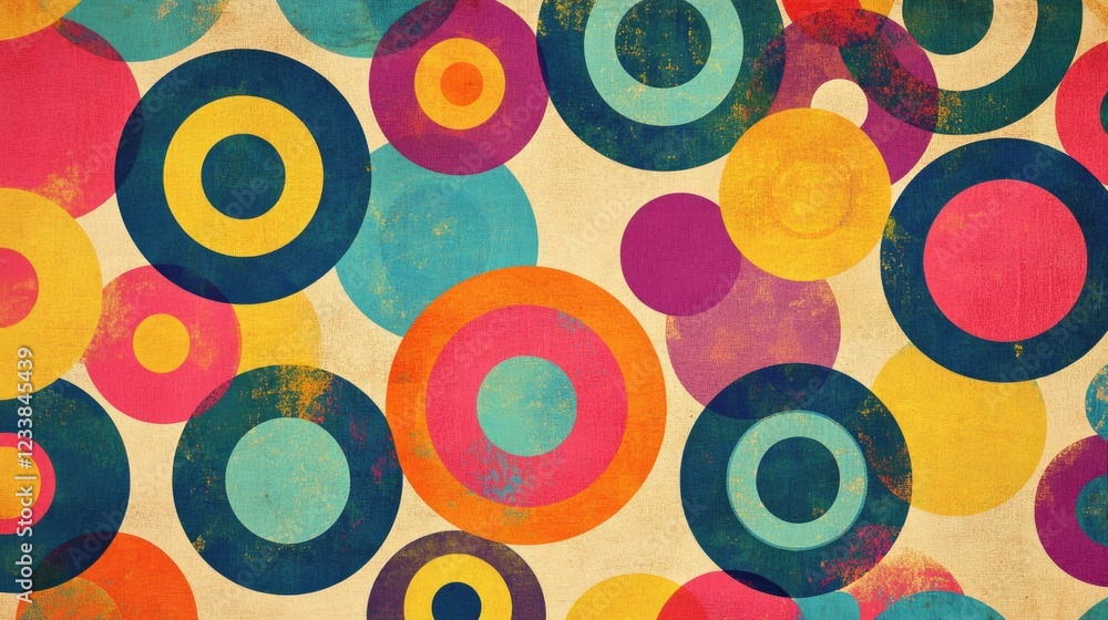 Poster colorful retro vintage background with circular patterns and empty space for creative text insertion