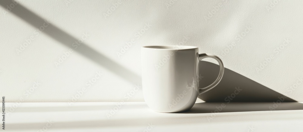 Poster minimalist white mug with shadow on bright background, offering ample empty space for text or creati