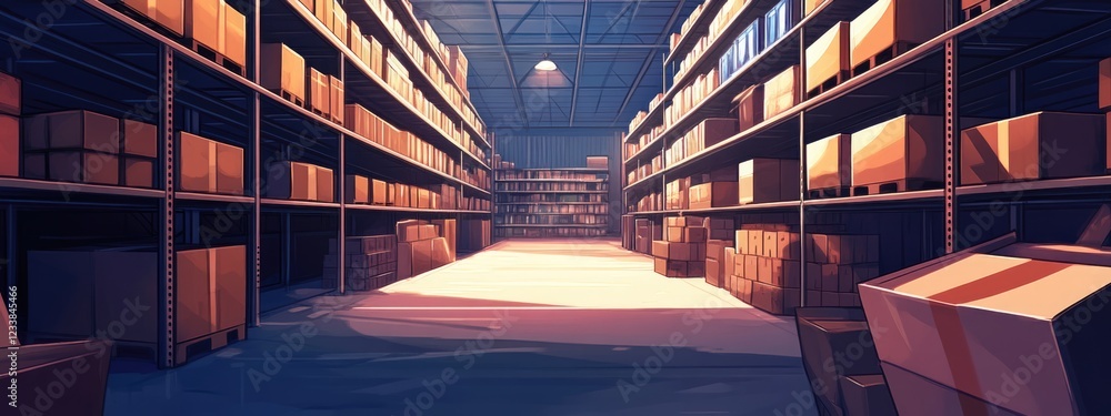 Poster warehouse aisle filled with stacked cardboard boxes and illuminated empty space suitable for text pl