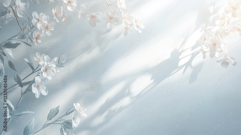 Poster Elegant floral background with soft shadows and light creating a serene atmosphere ideal for modern bedroom decor and wall art showcases.