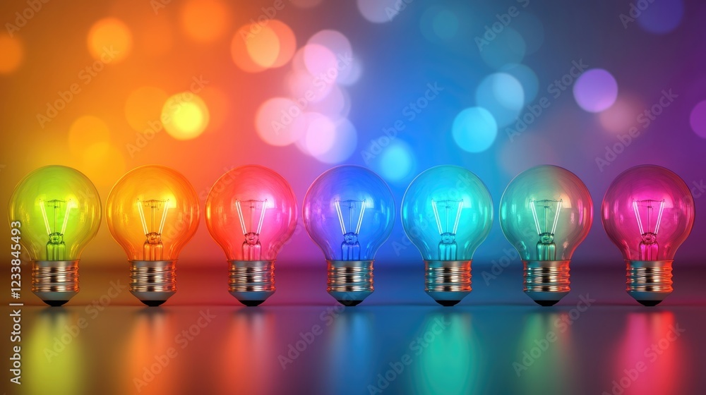 Poster colorful vintage light bulbs with soft bokeh background and blank space for text in a creative conce