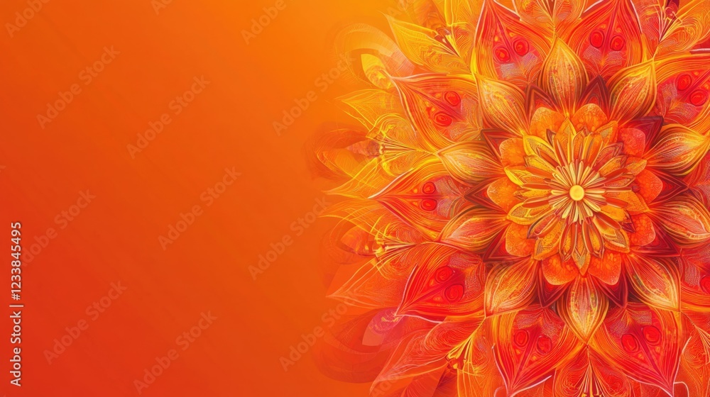 Poster vibrant orange and red kaleidoscope mandala with ample copyspace for text and design elements in a w