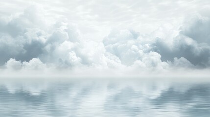 Obraz premium Serene landscape of white clouds reflected on calm water creating a tranquil background design ideal for travel tourism and website wallpaper.
