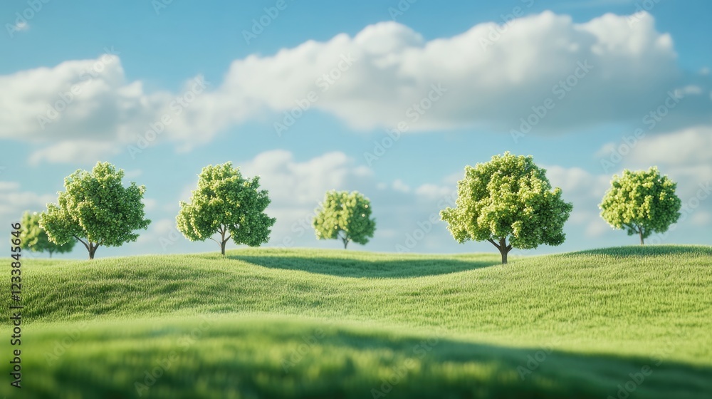 Poster lush green field with trees under bright blue sky and fluffy clouds providing ample space for text o