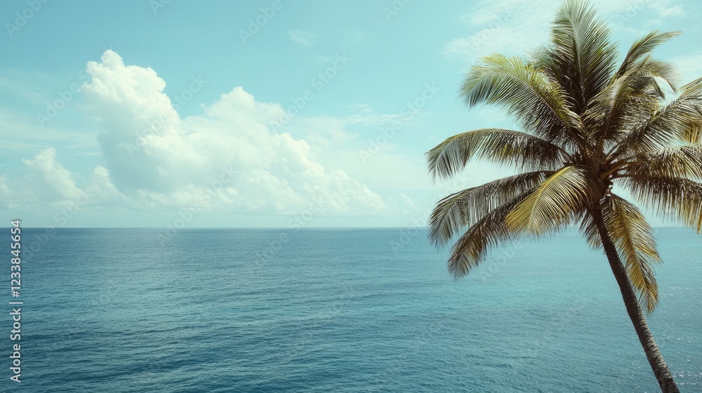 Aufkleber serene tropical seascape featuring a palm tree against a calm ocean with ample space for text and br