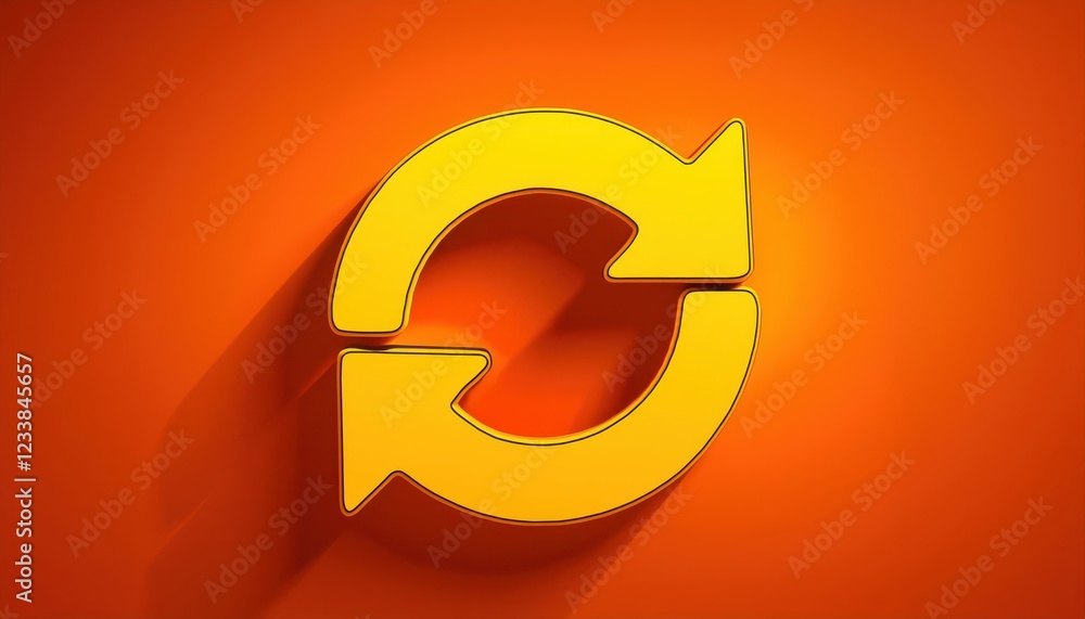 Poster vibrant yellow refresh icon against an orangishburnt background striking rotating arrow circle symbo