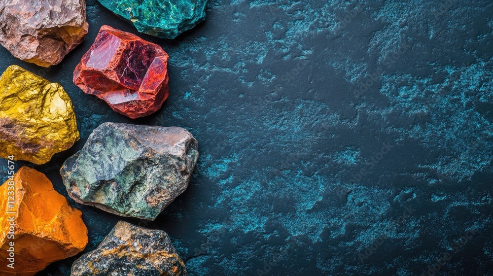 Poster Vibrant collection of mineral rocks on a dark surface highlighting unique colors and textures with ample space for text insertion