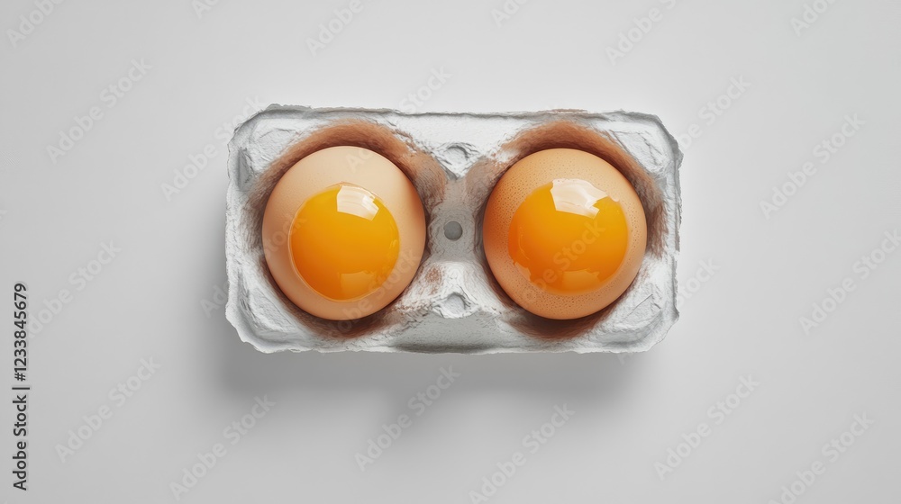 Poster Fresh eggs in a carton on a white background top view showcasing their golden yolks and smooth shells for culinary or grocery themes