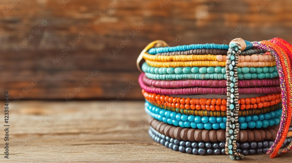 Poster Colorful Handcrafted Bracelets Stacked on Rustic Wooden Background with Blank Space for Custom Text or Branding