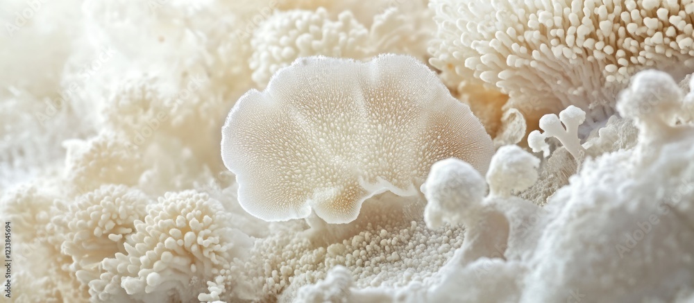 Poster close-up of white fungus showcasing intricate textures and details against a soft background, ideal 
