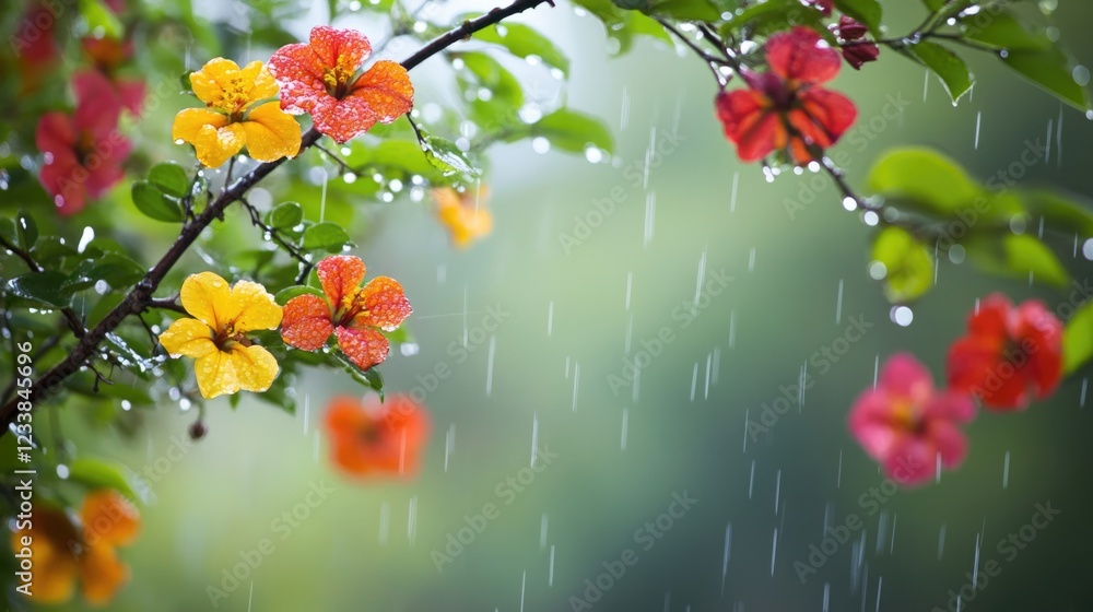 Poster colorful flowers with raindrops on branches creating a fresh spring background for text or design us