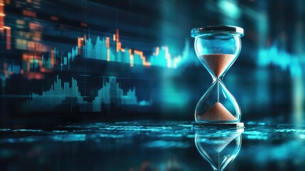 Hourglass symbolizing time management with blurred financial charts on a soft blue background illustrating the concept of time in business.