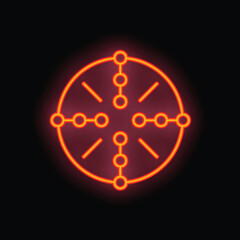 Bright neon icon glowing on a dark wall, representing a wheel with lines and dots, symbolizing connection and network