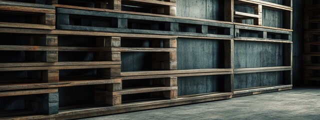 Fototapeta premium Warehouse interior showcasing detailed wooden pallets with ample empty space for text and storage opportunities.