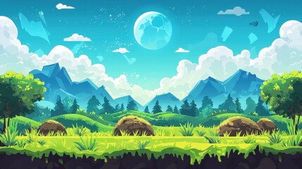 Obraz premium Serene Cartoon Landscape With Mountains And Full Moon