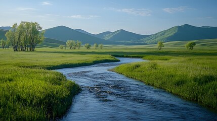 Fototapeta premium field, new green grass sprouts, distant mountains covered with light green, willows by the stream 
