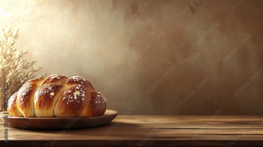 Poster Rustic Challah Bread on a Wooden Table with Soft Natural Lighting and Copyspace for Text or Design Elements