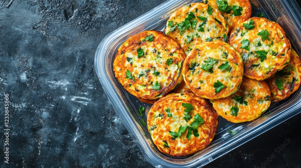 Poster Homemade zucchini pancakes with fresh parsley and cheese in a plastic container on a table for dinner top view with copyspace