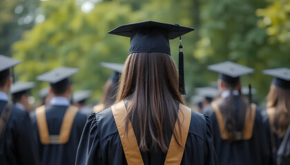 Beautiful Woman Back in a Graduation Cap and Gown.