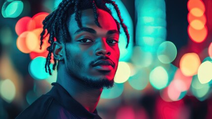 Obraz premium Seductive portrait of African American man with braided hair set against vibrant nightlife lights offering copyspace for text or branding
