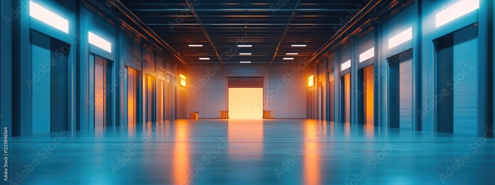 Poster warehouse interior with ai automation features and empty space for text or graphics