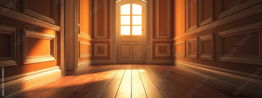 Poster warmly lit hallway with open door creating inviting atmosphere and empty copy space for text overlay