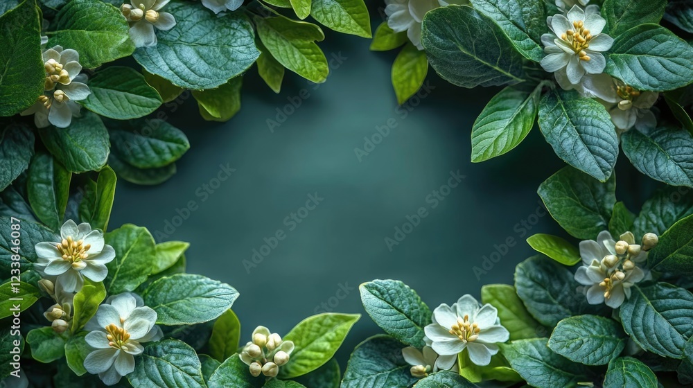 Poster top view of empty floral frame with green leaves and white flowers for customizable text and memorab