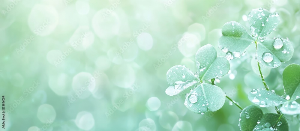 Poster Four leaf clover with dew on blurred green background for textile printing and nature themes with space for text or design elements