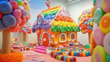 A real picture of a rainbow cake house, a roof made of rainbow cake, a tree made of candy, lollipops and candies. The atmosphere at Rainbow Cake House is very strong