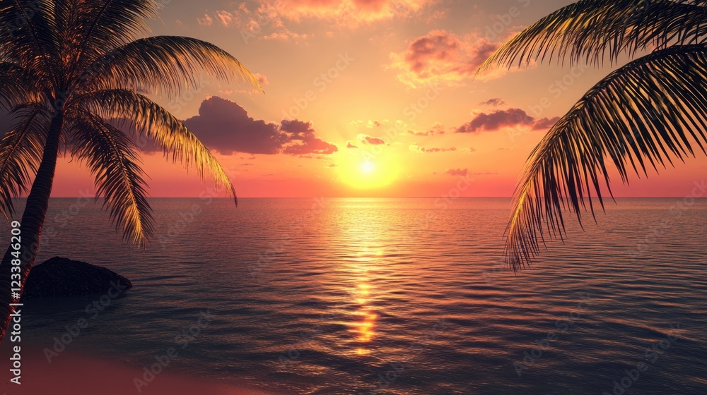 Aufkleber tropical sunset over calm ocean waters with palm trees creating a serene landscape perfect for relax