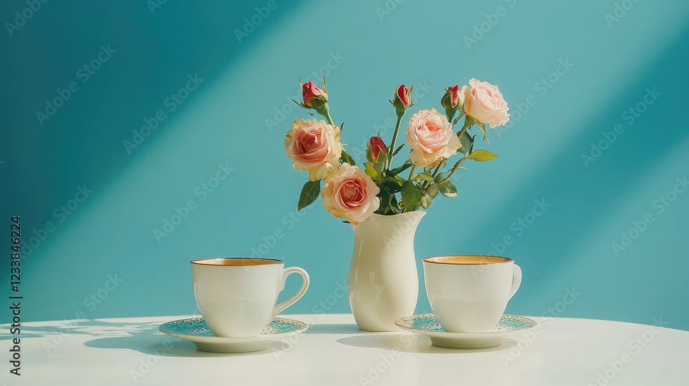 Aufkleber two elegant coffee cups and a bouquet of roses in a vase on a white table with a vibrant blue backgr
