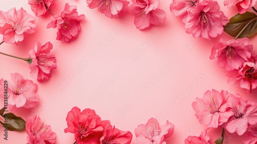 Poster elegant floral frame of pink cherry blossoms on soft pink background with space for text or branding