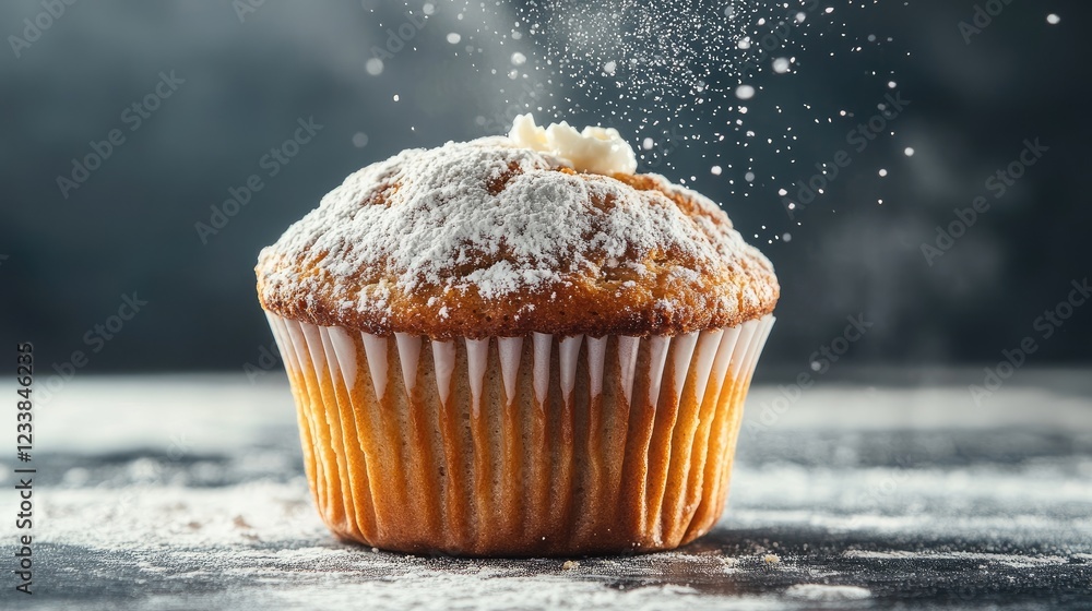 Poster Delicious homemade muffin dusted with powdered sugar on a floured surface with empty space for creative text or branding purposes