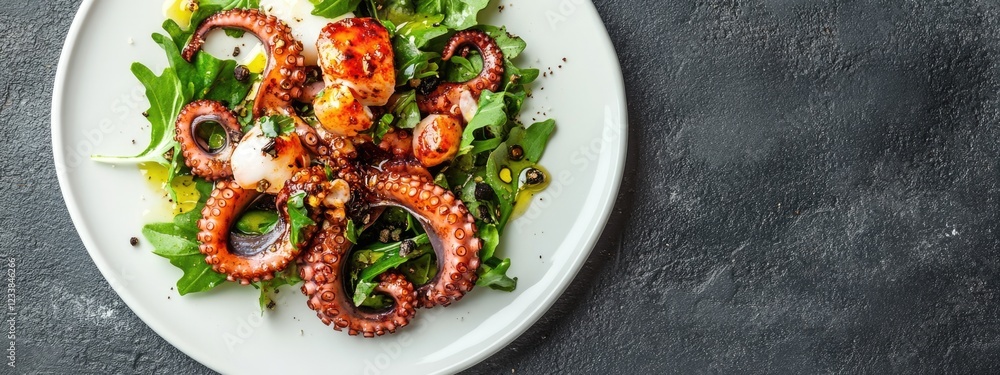 Poster octopus salad on a white plate with fresh greens set on a dark textured table with ample copy space 