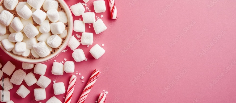 Aufkleber creamy marshmallows and peppermint candy canes on festive pink background for hot cocoa winter mocku