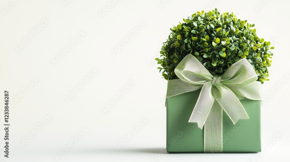 Poster topiary gift box with ribbon bow featuring artificial greenery on a white background ideal for holid