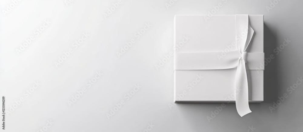 Poster elegant white gift box with satin ribbon on soft gray background and ample space for personalized te