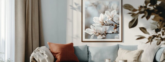 Cozy living room with white framed poster mockup above sofa offering ample space for text and artistic expression in a serene environment