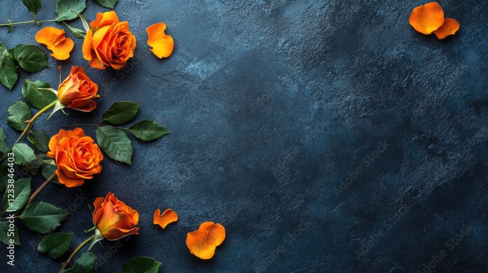 Poster vibrant orange roses with green leaves on dark textured background featuring empty space for elegant
