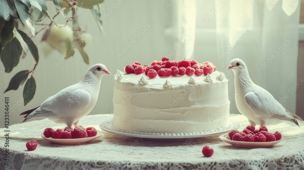 Aufkleber doves adorning a dessert display with raspberries on a table setting in a bright natural atmosphere