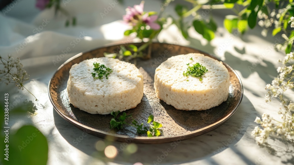 Poster creamy tofu cakes on rustic plate surrounded by fresh greenery and soft sunlight highlighting vibran