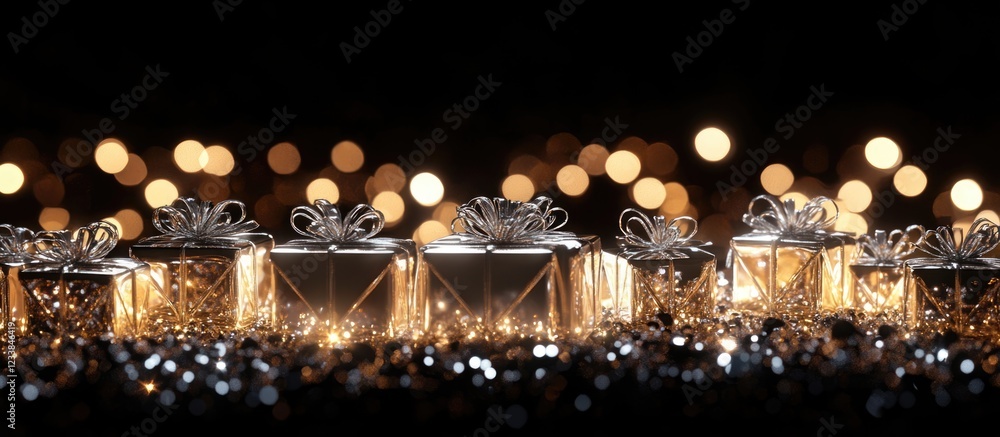 Aufkleber festive unwrapped gifts glimmering with holiday lights against a dark background and ample space for