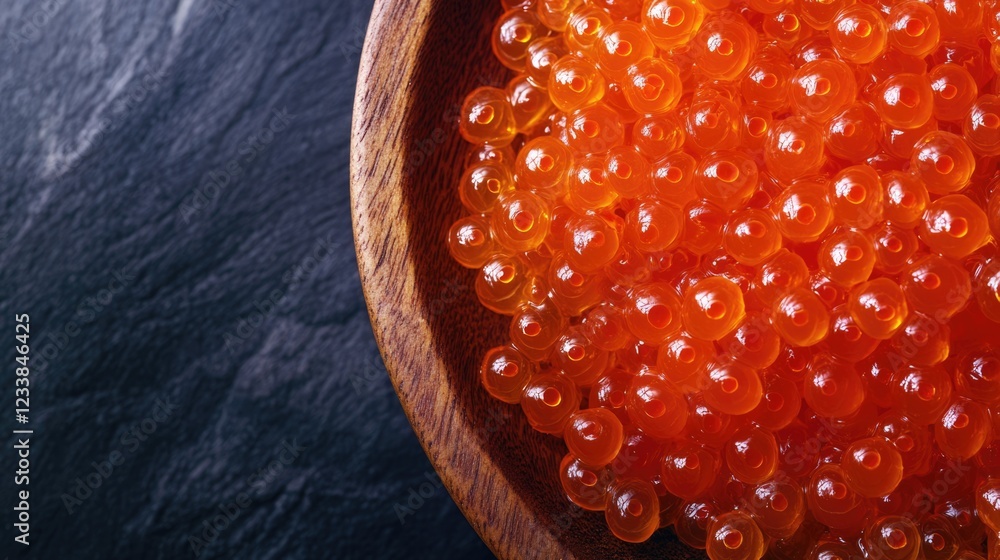 Poster vibrant bowl of fresh salmon roe on a dark stone surface with ample empty space for text or branding